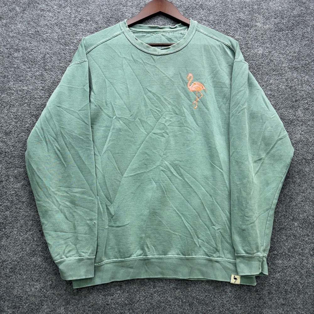 Pink Lily Flamingo Graphic Sweatshirt Mens Large Green Long Sleeve Fleece Casual